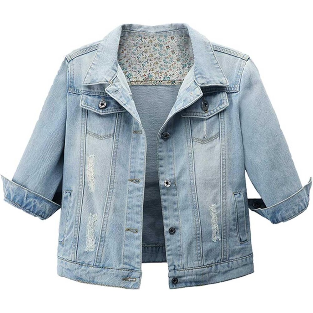 Women Denim Jacket Short Light Blue 3/4 Sleeve Retro Casual Coat